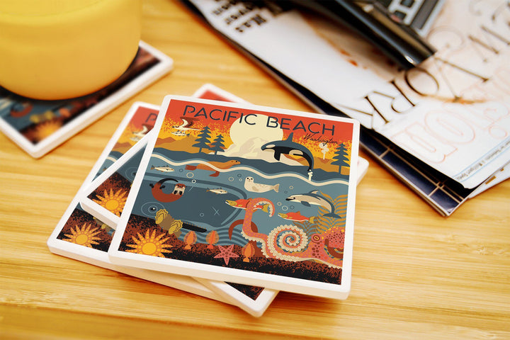 Pacific Beach, Washington, Marine Animals, Geometric, Lantern Press Artwork, Coaster Set Coasters Lantern Press 