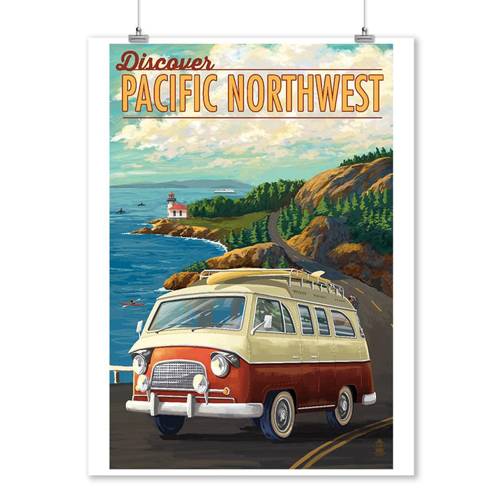 Pacific Northwest, LP Camper Van, Lantern Press Poster, Art Prints and Metal Signs Art Lantern Press 12 x 18 Art Print 