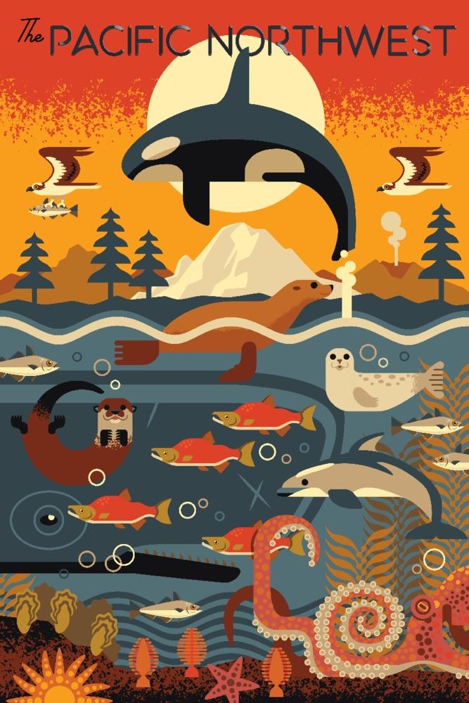Pacific Northwest, Marine Animals, Geometric, Lantern Press Artwork, Art Prints and Metal Signs Art Lantern Press 12 x 18 Art Print 