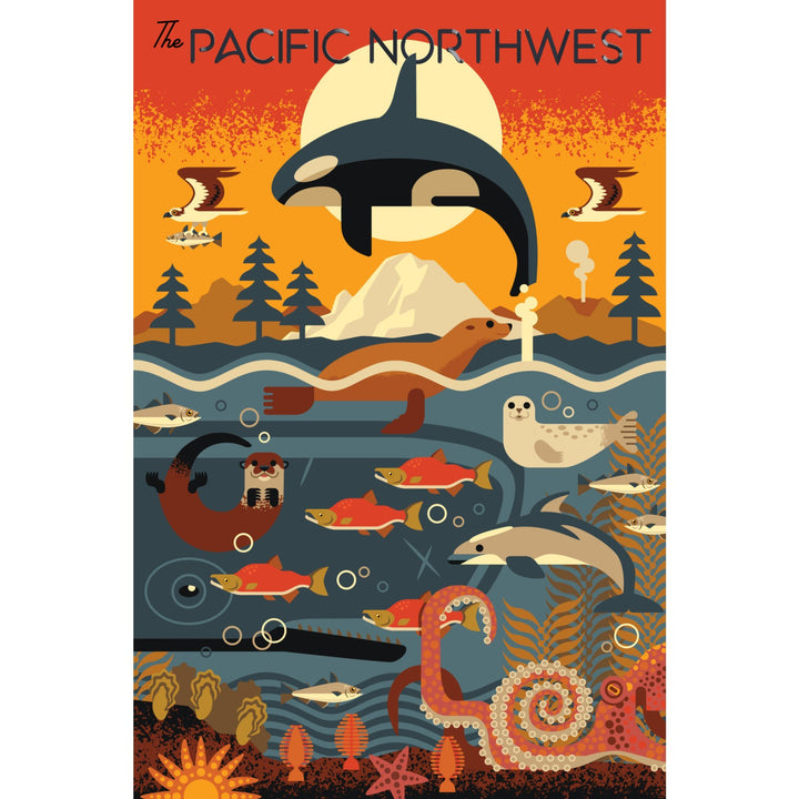 Pacific Northwest, Marine Animals, Geometric, Lantern Press Artwork, Stretched Canvas Canvas Lantern Press 