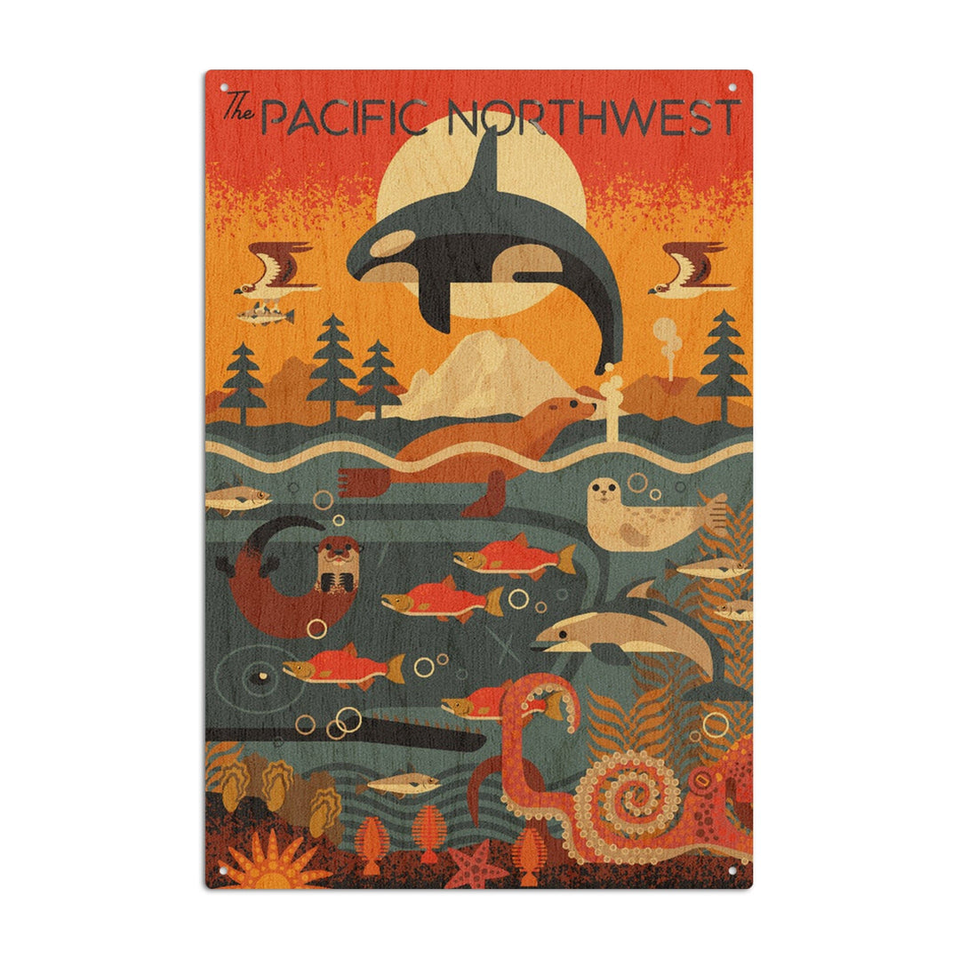Pacific Northwest, Marine Animals, Geometric, Lantern Press Artwork, Wood Signs and Postcards Wood Lantern Press 10 x 15 Wood Sign 