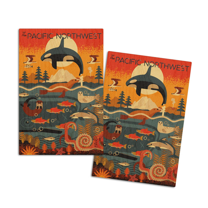 Pacific Northwest, Marine Animals, Geometric, Lantern Press Artwork, Wood Signs and Postcards Wood Lantern Press 4x6 Wood Postcard Set 