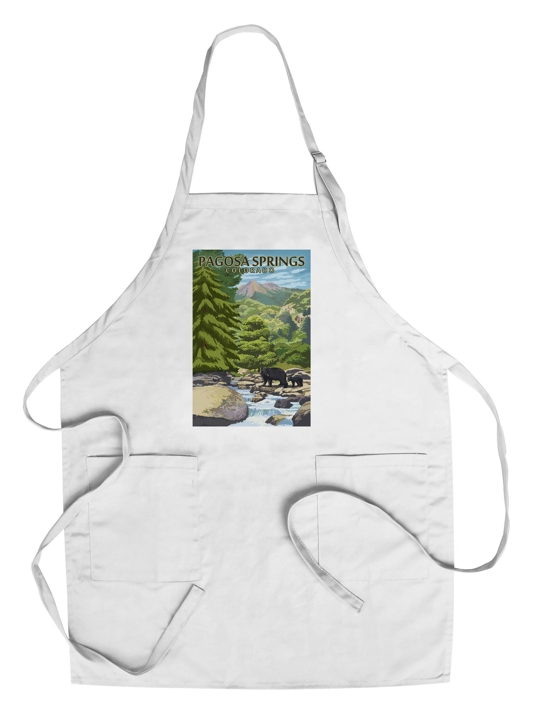 Pagosa Springs, Colorado, Black Bears & Stream, Lantern Press Artwork, Towels and Aprons Kitchen Lantern Press Chef's Apron 