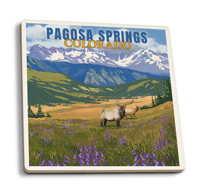 Pagosa Springs, Colorado, Elk & Flowers, Lantern Press Artwork, Coaster Set Coasters Lantern Press 