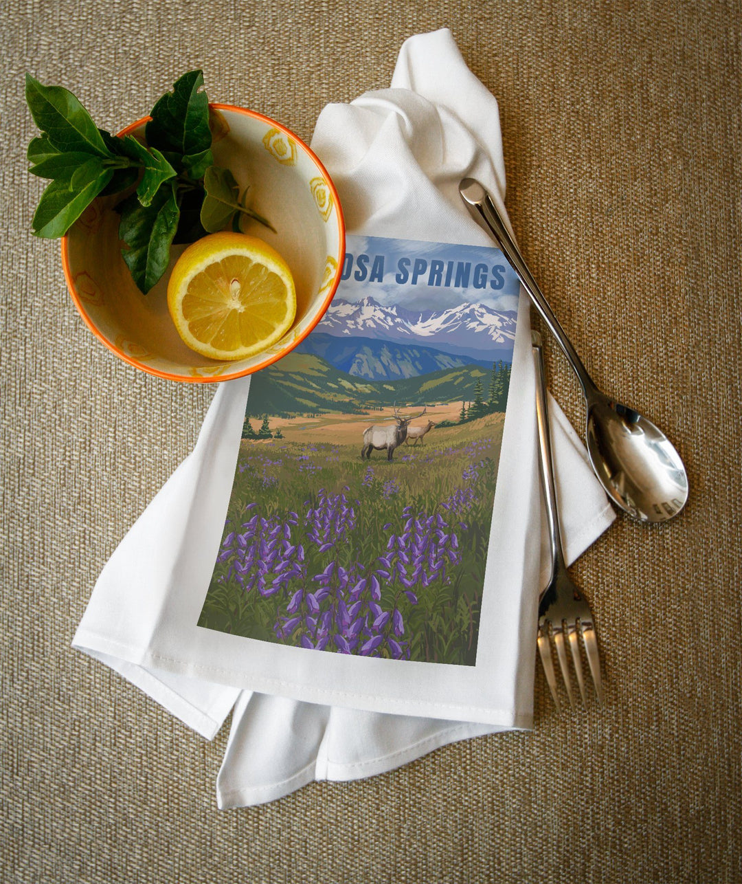 Pagosa Springs, Colorado, Elk & Flowers, Lantern Press Artwork, Towels and Aprons Kitchen Lantern Press 