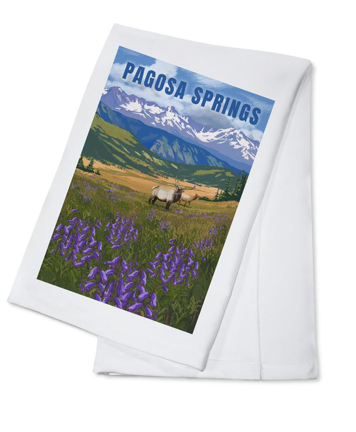 Pagosa Springs, Colorado, Elk & Flowers, Lantern Press Artwork, Towels and Aprons Kitchen Lantern Press Cotton Towel 