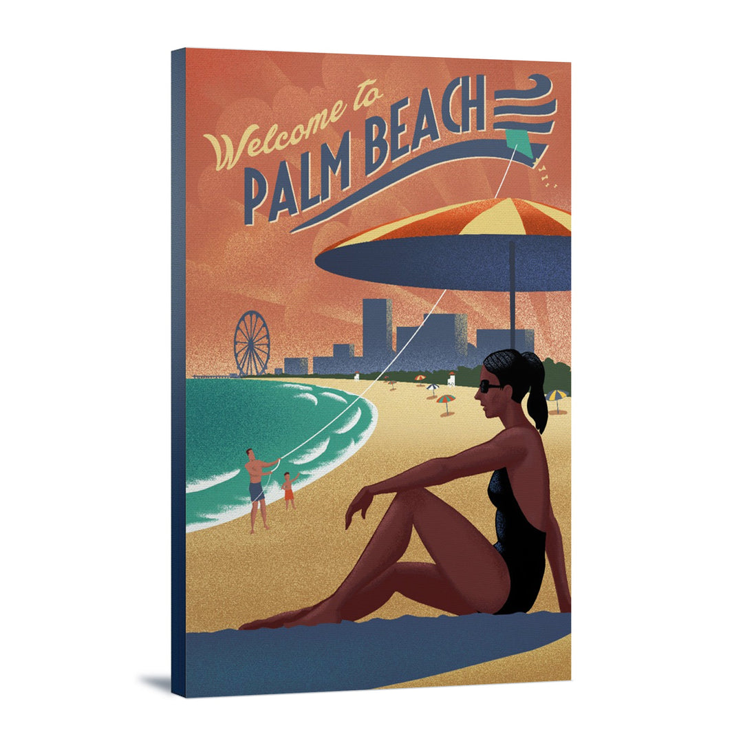 Palm Beach, Florida, Beach Scene, Lithograph, Lantern Press Artwork, Stretched Canvas Canvas Lantern Press 16x24 Stretched Canvas 