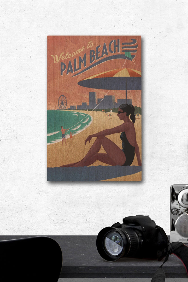 Palm Beach, Florida, Beach Scene, Lithograph, Lantern Press Artwork, Wood Signs and Postcards Wood Lantern Press 12 x 18 Wood Gallery Print 