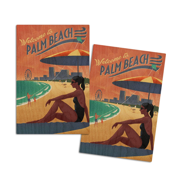 Palm Beach, Florida, Beach Scene, Lithograph, Lantern Press Artwork, Wood Signs and Postcards Wood Lantern Press 4x6 Wood Postcard Set 