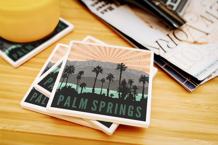 Palm Springs, California, Palm Trees & Mountains, Lantern Press Artwork, Coaster Set Coasters Lantern Press 
