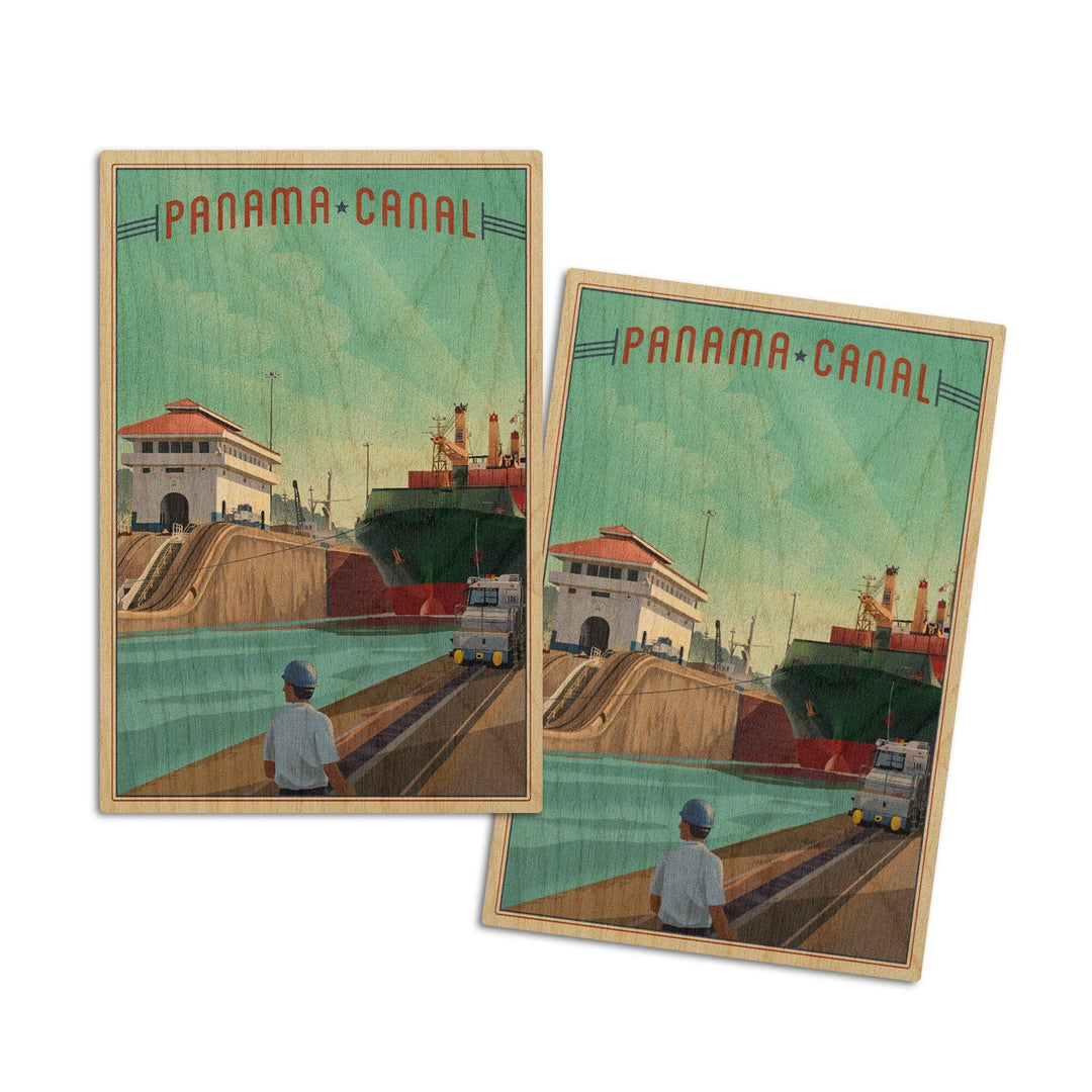 Panama Canal, Litho, Lantern Press Artwork, Wood Signs and Postcards Wood Lantern Press 4x6 Wood Postcard Set 