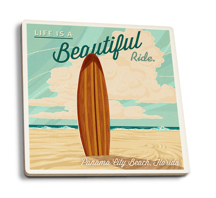 Panama City Beach, Florida, Life is a Beautiful Ride, Surfboard, Letterpress, Lantern Press, Coaster Set Coasters Lantern Press 