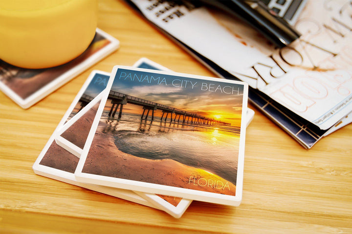 Panama City Beach, Florida, Pier & Sunset, Lantern Press Photography, Coaster Set Coasters Lantern Press 