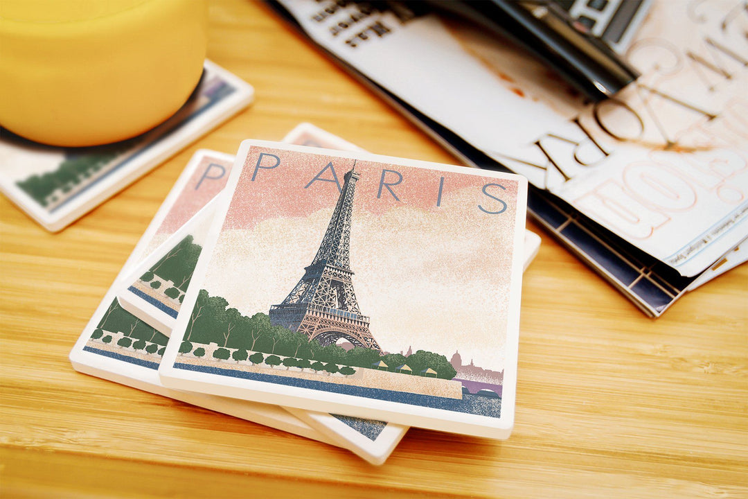 Paris, France, Eiffel Tower & River, Lithograph Style, Lantern Press Artwork, Coaster Set Coasters Lantern Press 