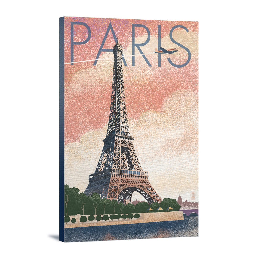 Paris, France, Eiffel Tower & River, Lithograph Style, Lantern Press Artwork, Stretched Canvas Canvas Lantern Press 12x18 Stretched Canvas 