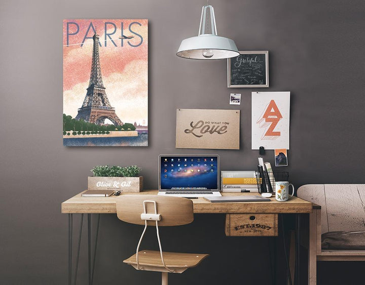 Paris, France, Eiffel Tower & River, Lithograph Style, Lantern Press Artwork, Stretched Canvas Canvas Lantern Press 