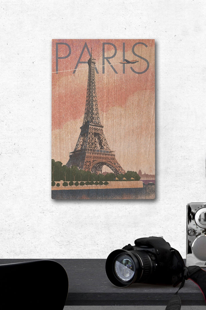 Paris, France, Eiffel Tower & River, Lithograph Style, Lantern Press Artwork, Wood Signs and Postcards Wood Lantern Press 12 x 18 Wood Gallery Print 
