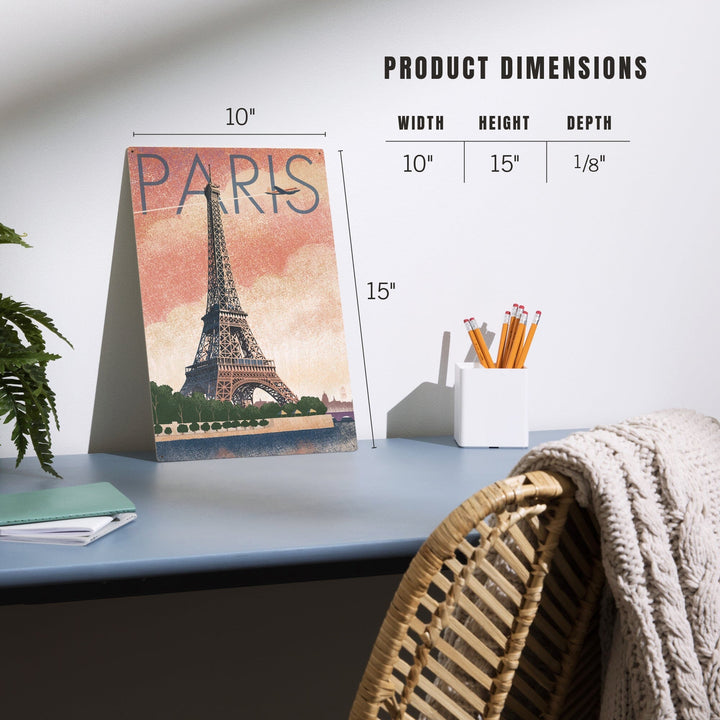 Paris, France, Eiffel Tower & River, Lithograph Style, Lantern Press Artwork, Wood Signs and Postcards Wood Lantern Press 