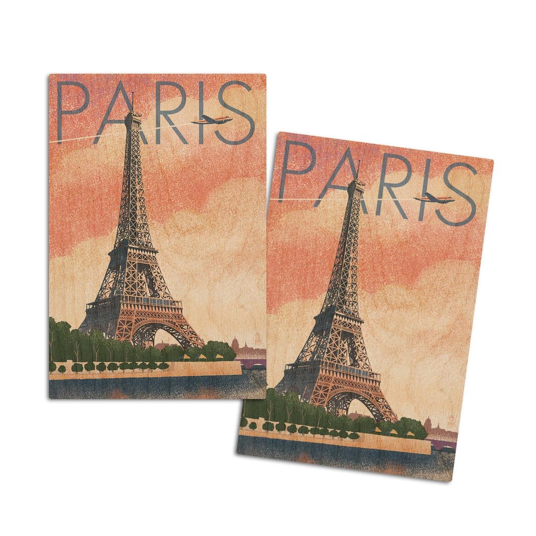 Paris, France, Eiffel Tower & River, Lithograph Style, Lantern Press Artwork, Wood Signs and Postcards Wood Lantern Press 4x6 Wood Postcard Set 