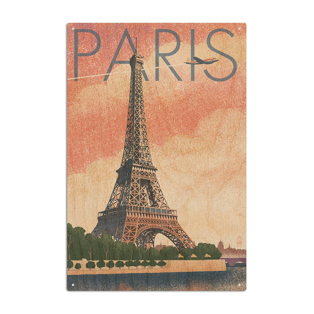Paris, France, Eiffel Tower & River, Lithograph Style, Lantern Press Artwork, Wood Signs and Postcards Wood Lantern Press 6x9 Wood Sign 