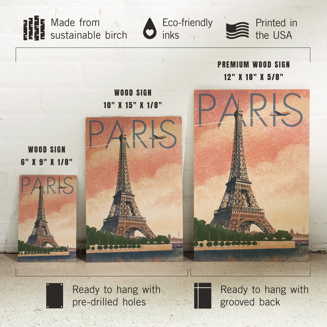 Paris, France, Eiffel Tower & River, Lithograph Style, Lantern Press Artwork, Wood Signs and Postcards Wood Lantern Press 