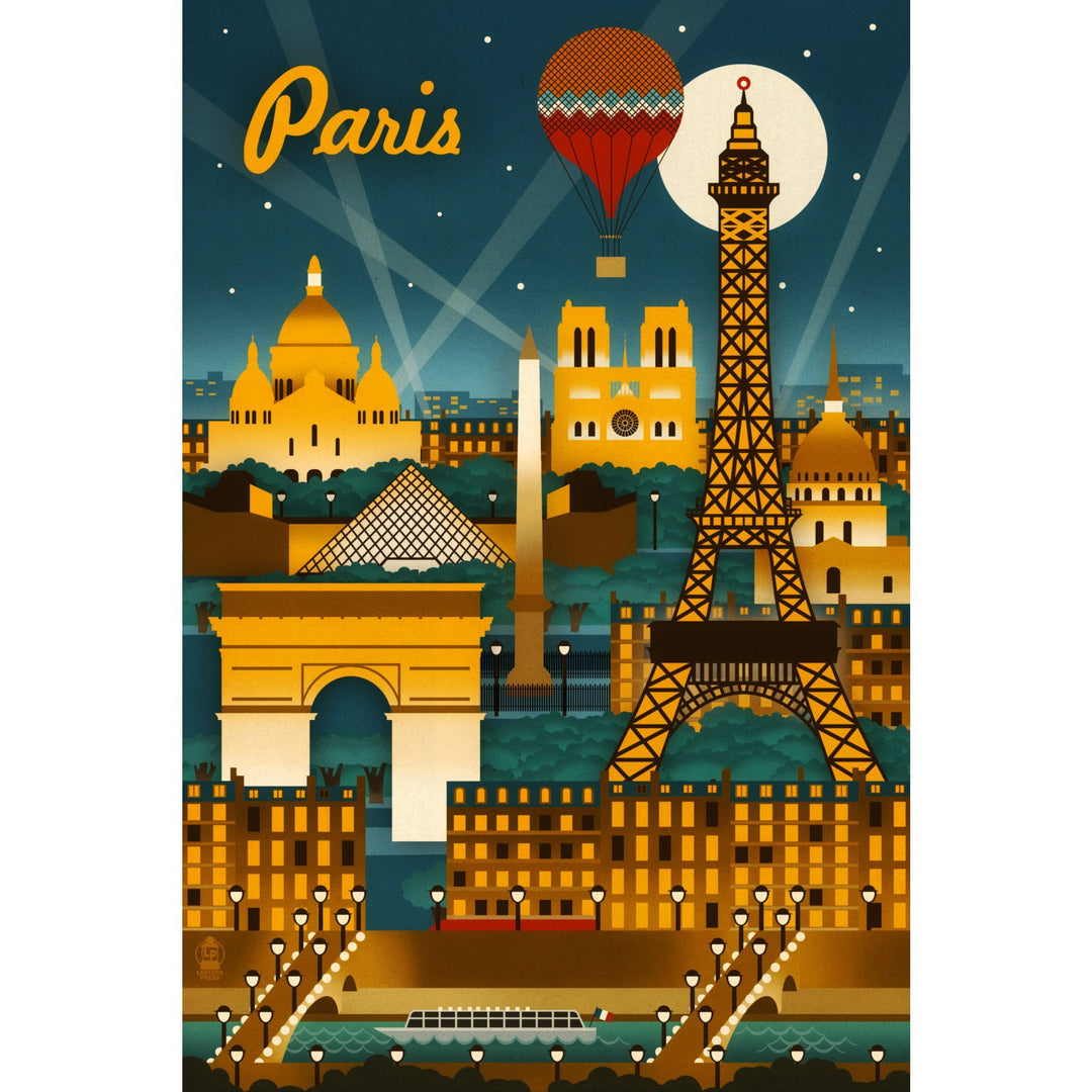 Paris, France, Retro Skyline, Lantern Press Artwork Canvas Lantern Press 