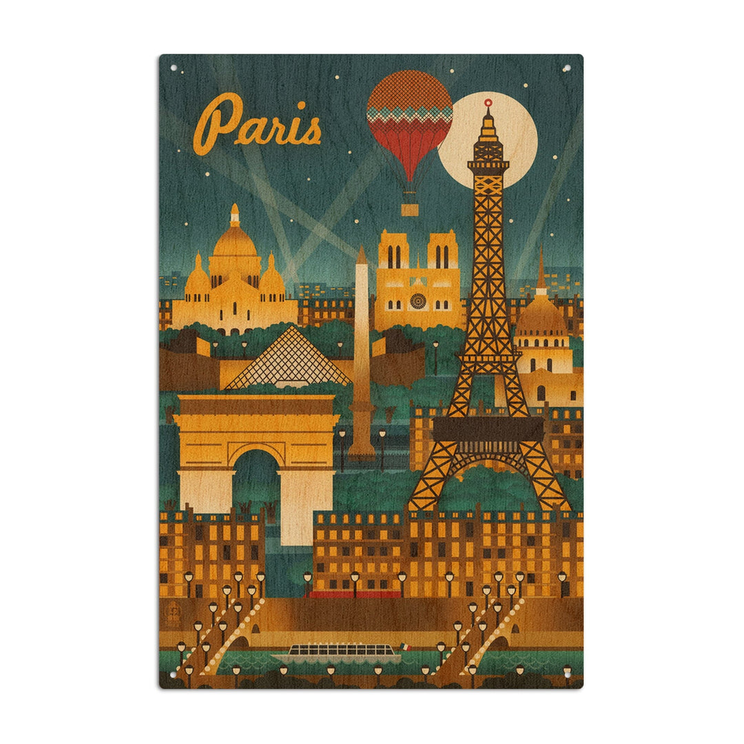 Paris, France, Retro Skyline, Lantern Press Artwork, Wood Signs and Postcards Wood Lantern Press 10 x 15 Wood Sign 