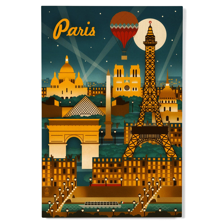 Paris, France, Retro Skyline, Lantern Press Artwork, Wood Signs and Postcards Wood Lantern Press 