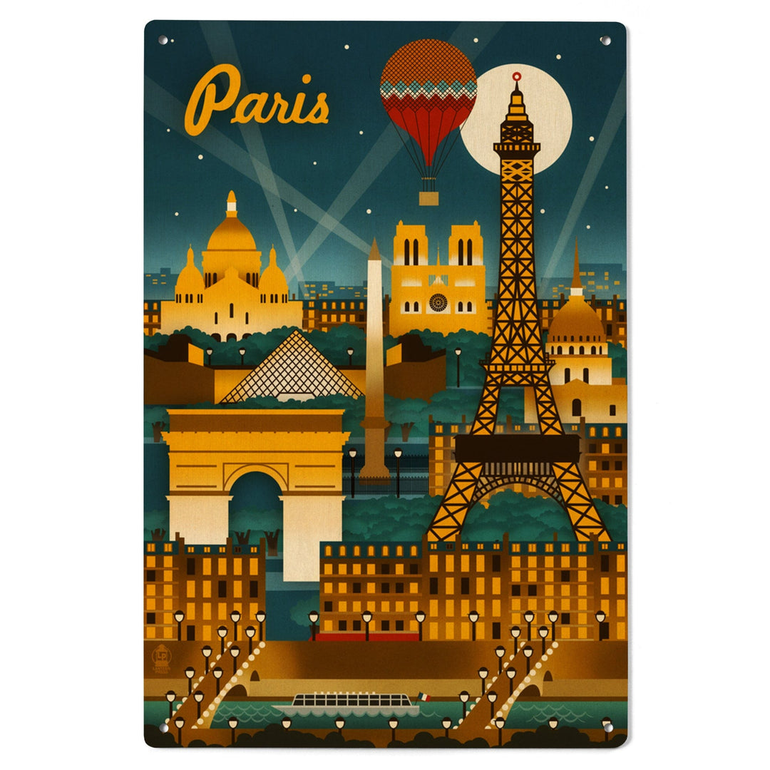 Paris, France, Retro Skyline, Lantern Press Artwork, Wood Signs and Postcards Wood Lantern Press 