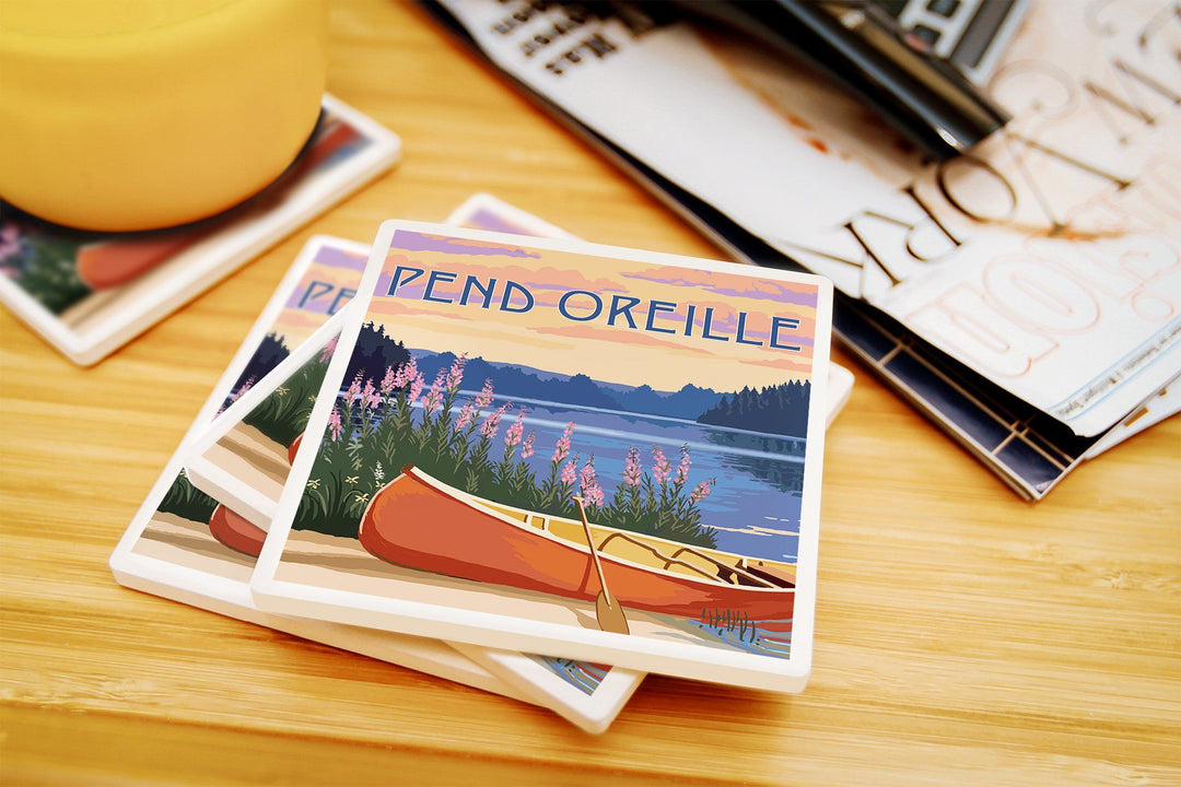 Pend Oreille, Idaho, Canoe & Lake, Lantern Press Artwork, Coaster Set Coasters Lantern Press 