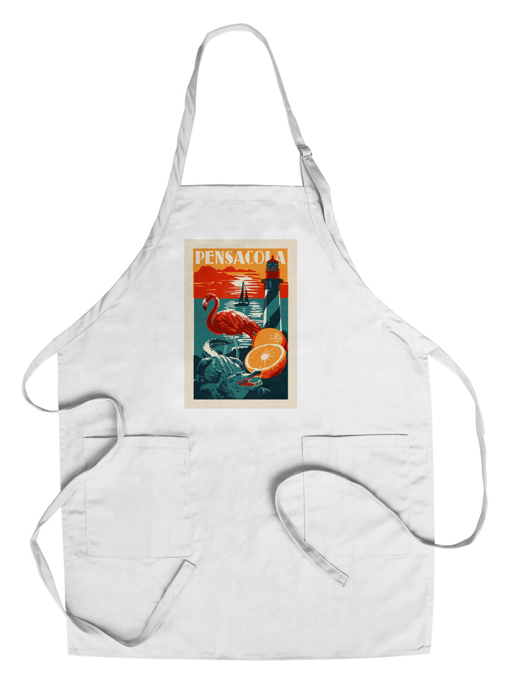 Pensacola, Florida, Woodblock, Lantern Press Artwork, Towels and Aprons Kitchen Lantern Press Chef's Apron 