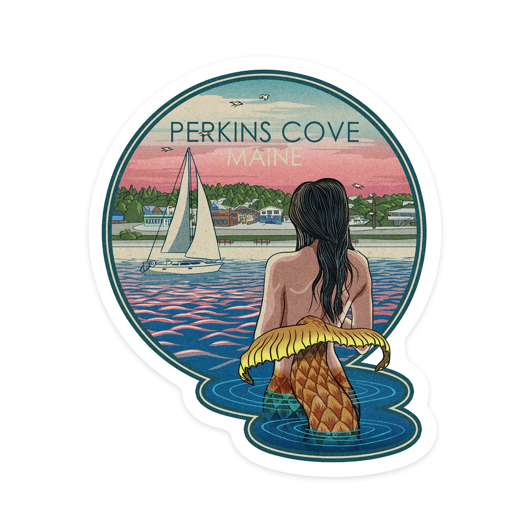 Perkins Cove, Maine, Mermaid and Beach, Contour Sticker Lantern Press 