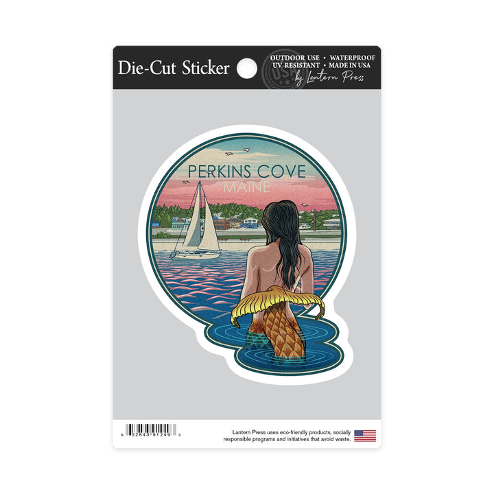 Perkins Cove, Maine, Mermaid and Beach, Contour Sticker Lantern Press 
