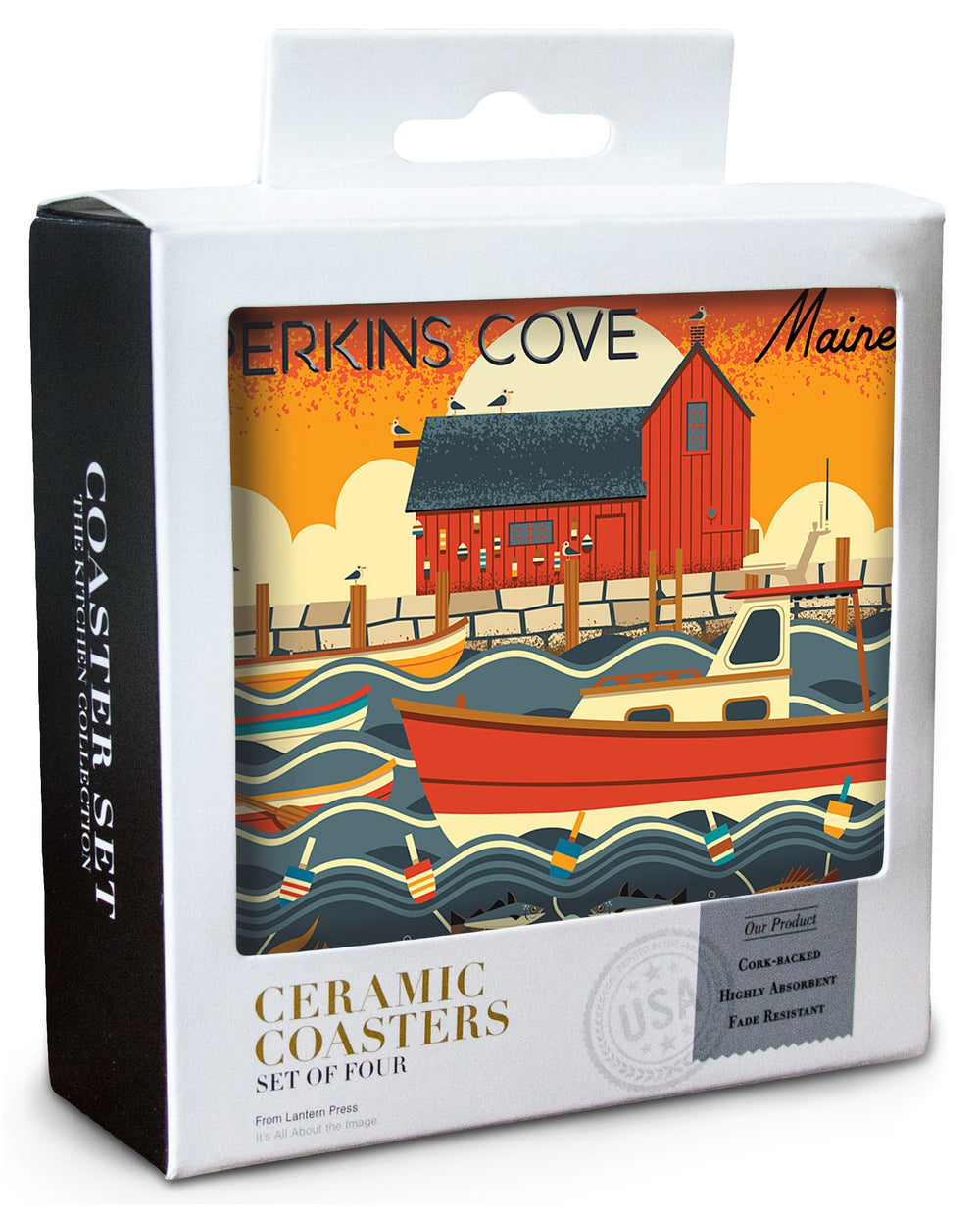 Perkins Cove, Maine, Nautical Geometric, Lantern Press Artwork, Coaster Set Coasters Lantern Press 