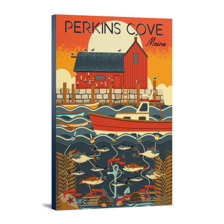 Perkins Cove, Maine, Nautical Geometric, Lantern Press Artwork, Stretched Canvas Canvas Lantern Press 12x18 Stretched Canvas 