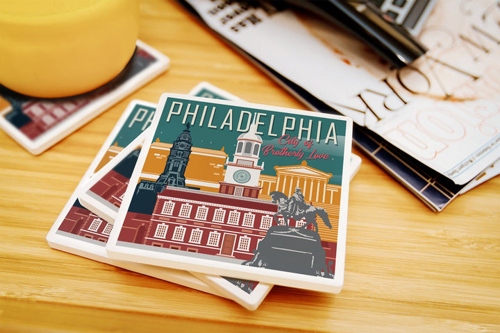 Philadelphia, Pennsylvania, City of Brotherly Love, Vector City, Lantern Press Artwork, Coaster Set Coasters Lantern Press 