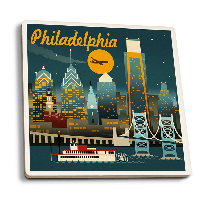 Philadelphia, Pennsylvania, ND, Retro Skyline, Lantern Press Artwork, Coaster Set Coasters Lantern Press 