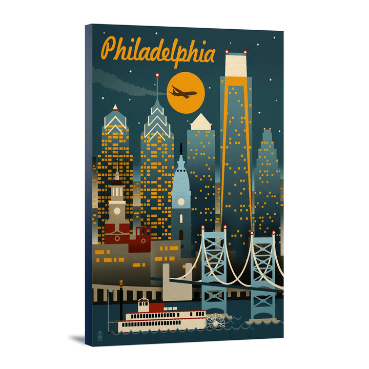 Philadelphia, Pennsylvania, ND, Retro Skyline, Lantern Press Artwork, Stretched Canvas Canvas Lantern Press 12x18 Stretched Canvas 