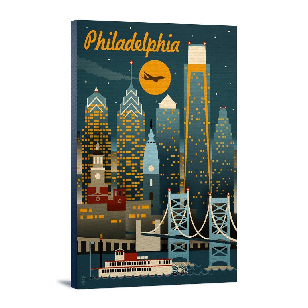 Philadelphia, Pennsylvania, ND, Retro Skyline, Lantern Press Artwork, Stretched Canvas Canvas Lantern Press 16x24 Stretched Canvas 