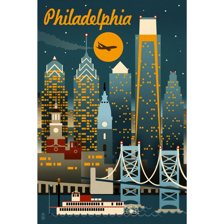 Philadelphia, Pennsylvania, ND, Retro Skyline, Lantern Press Artwork, Stretched Canvas Canvas Lantern Press 