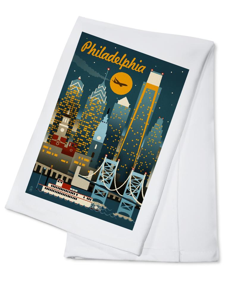 Philadelphia, Pennsylvania, ND, Retro Skyline, Lantern Press Artwork, Towels and Aprons Kitchen Lantern Press Cotton Towel 