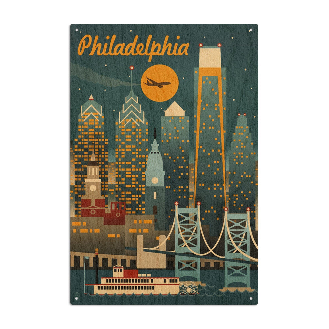 Philadelphia, Pennsylvania, ND, Retro Skyline, Lantern Press Artwork, Wood Signs and Postcards Wood Lantern Press 10 x 15 Wood Sign 