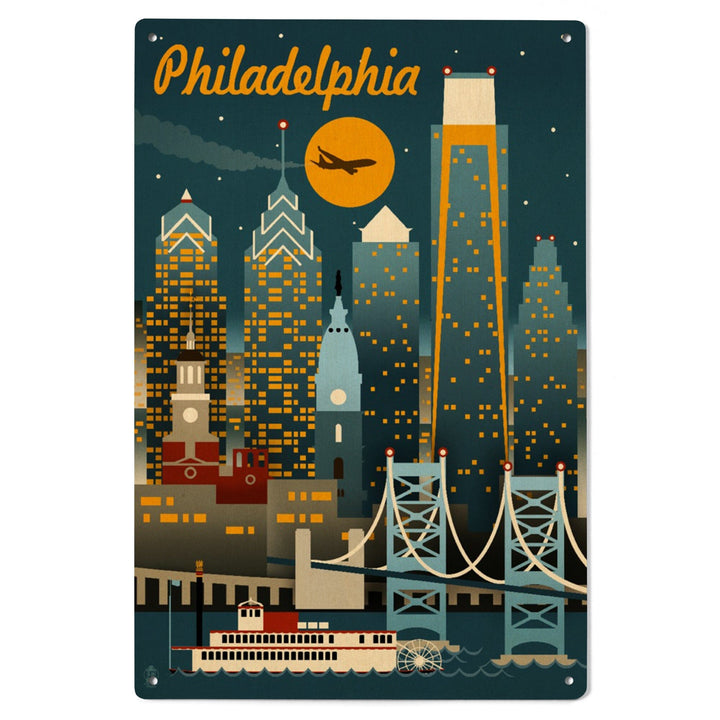 Philadelphia, Pennsylvania, ND, Retro Skyline, Lantern Press Artwork, Wood Signs and Postcards Wood Lantern Press 