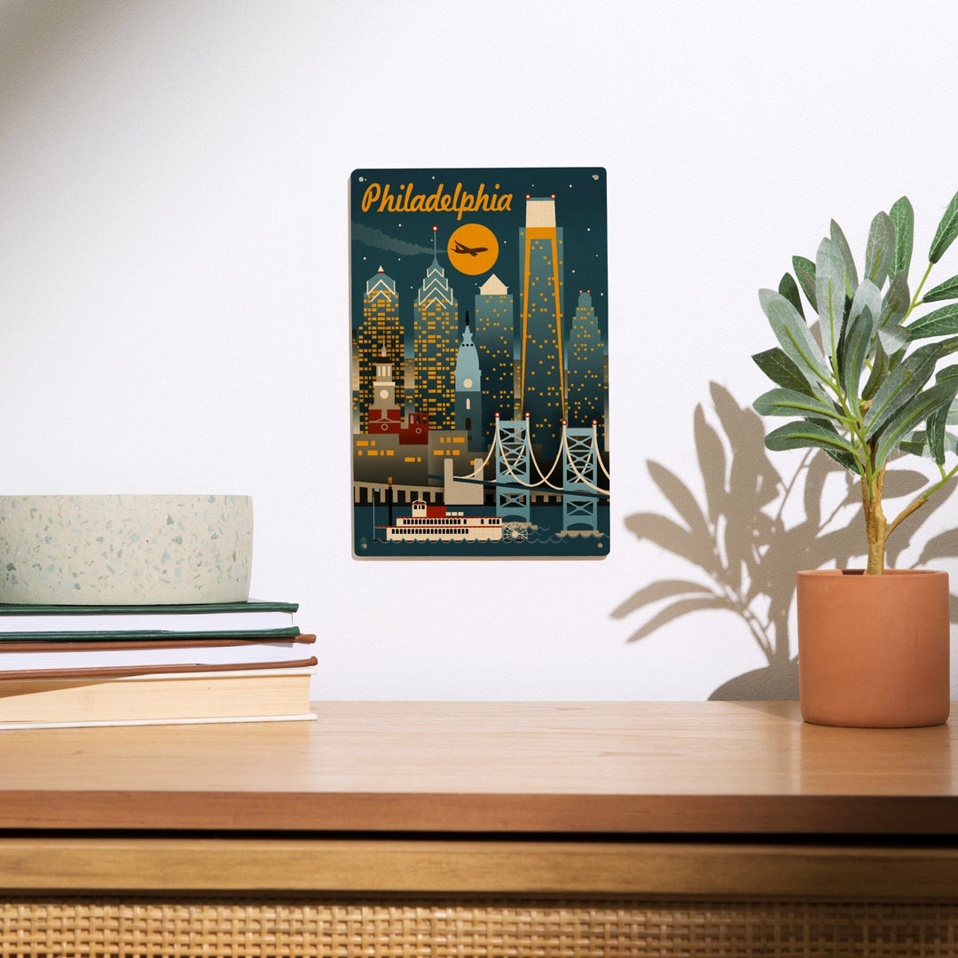 Philadelphia, Pennsylvania, ND, Retro Skyline, Lantern Press Artwork, Wood Signs and Postcards Wood Lantern Press 