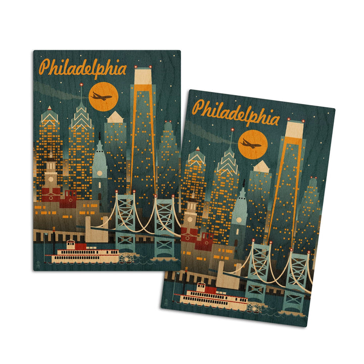 Philadelphia, Pennsylvania, ND, Retro Skyline, Lantern Press Artwork, Wood Signs and Postcards Wood Lantern Press 4x6 Wood Postcard Set 