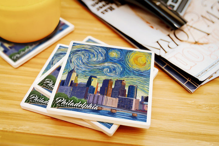 Philadelphia, Pennsylvania, Starry Night City Series, Lantern Press Artwork, Coaster Set Coasters Lantern Press 