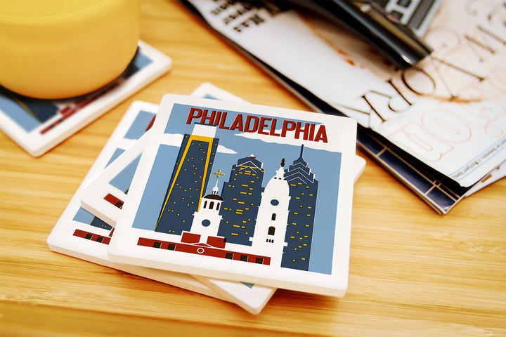 Philadelphia, Pennsylvania, Woodblock, Lantern Press Artwork, Coaster Set Coasters Lantern Press 