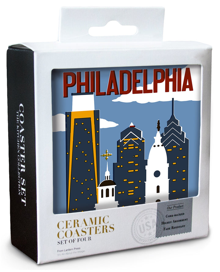 Philadelphia, Pennsylvania, Woodblock, Lantern Press Artwork, Coaster Set Coasters Lantern Press 