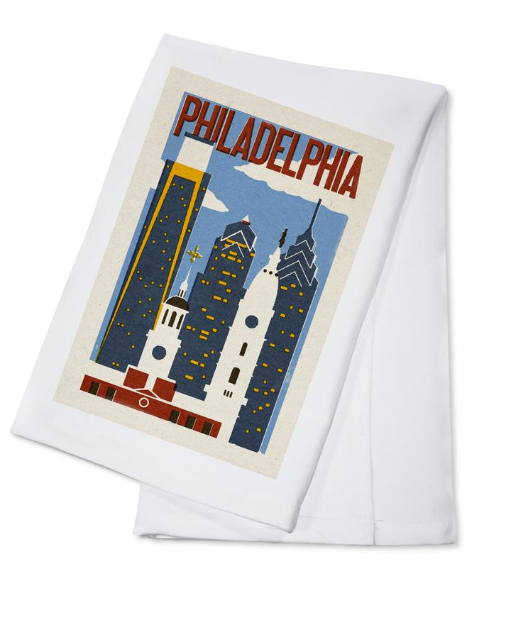 Philadelphia, Pennsylvania, Woodblock, Lantern Press Artwork, Towels and Aprons Kitchen Lantern Press Cotton Towel 