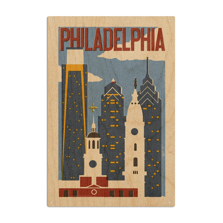 Philadelphia, Pennsylvania, Woodblock, Lantern Press Artwork, Wood Signs and Postcards Wood Lantern Press 10 x 15 Wood Sign 